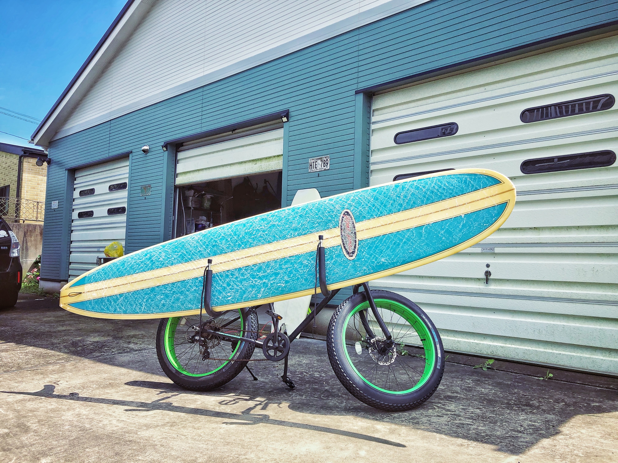 Rainbow ビーチクルーザー オリーブグリーン サーフボードキャリア付き